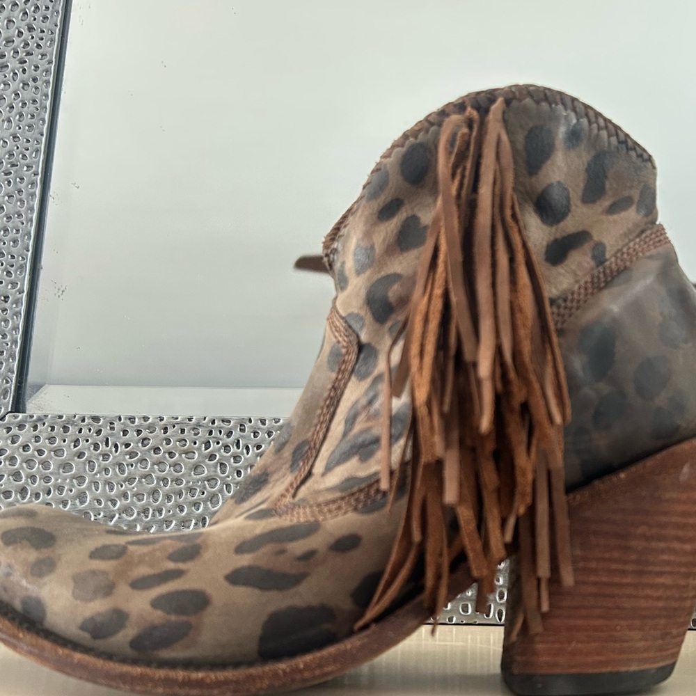 LIBERTY Black Leopard Print Ankle Boots with Fringe